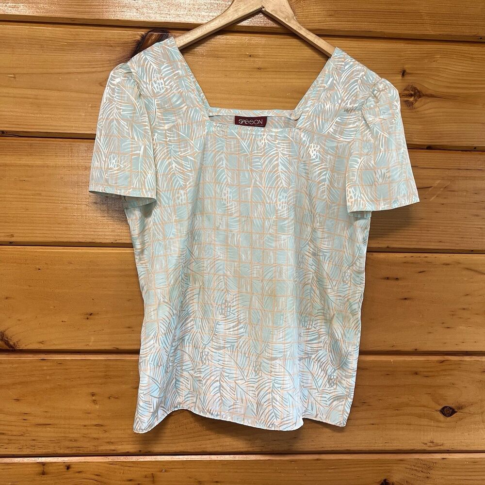 Vintage SASSON 1980s Puff Sleeve Square Neck Silky Blouse Top Shirt Sz 12/13
